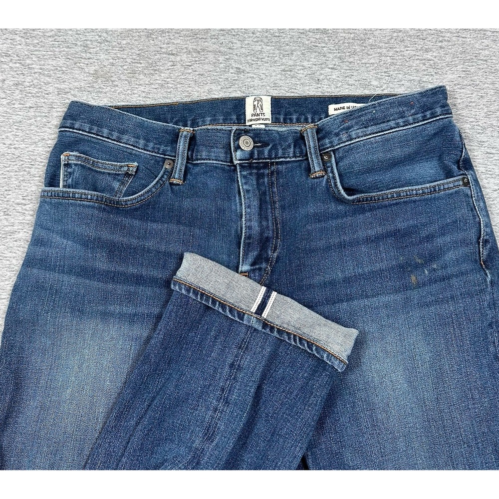 Hiroshi Kato Jeans Mens Size 33x28 Blue Selvedge Denim The Pen Slim STAINS